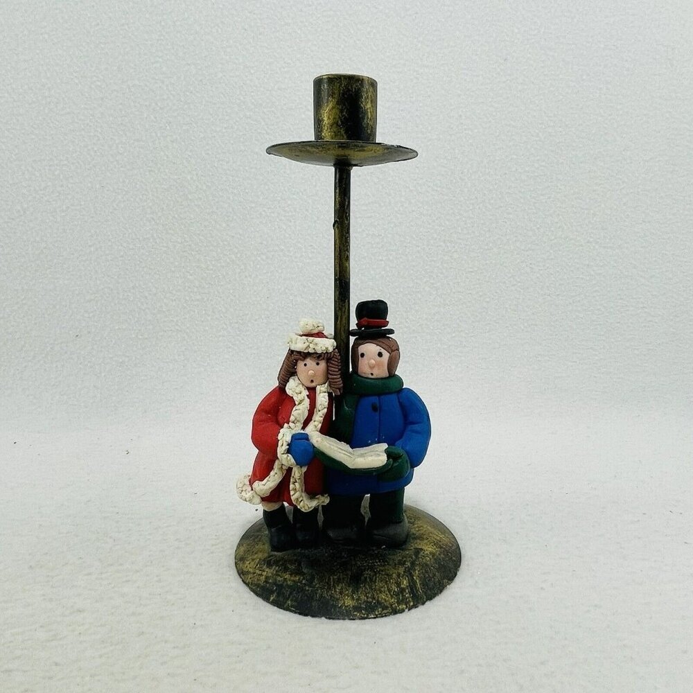 Christmas Carol Candle Holder Candlestick Taper Clay Singer Boy Girl Brass Rusty